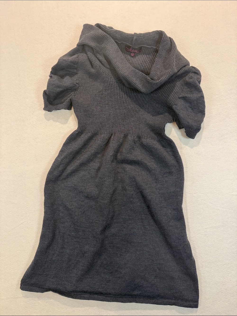 Takeout Gray Ribbed Cowl Neck Short Sleeve Girls Sweater Dress Sz L WW